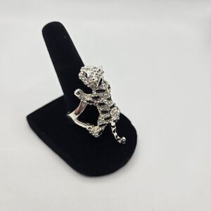 Silver-Plated Tiger Panther Jaguar Statement Ring Rhinestone Encrusted Size 7